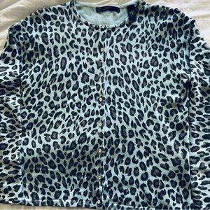 Lord & Taylor Light Blue Leopard Print Cashmere Cardigan